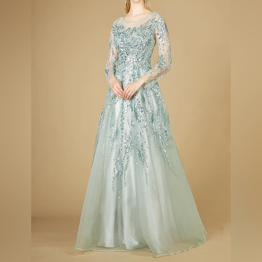LARA Long Sleeve Sequin Gown in Light Blue
